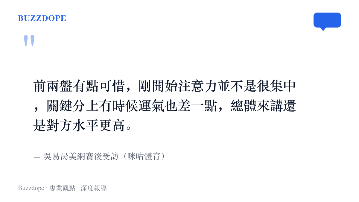 引言圖卡呈現吳易昺美網賽後的回應內容，他說前兩盤有些可惜、開局注意力不集中、關鍵分運氣稍差，並坦言整體而言對手水平更高
