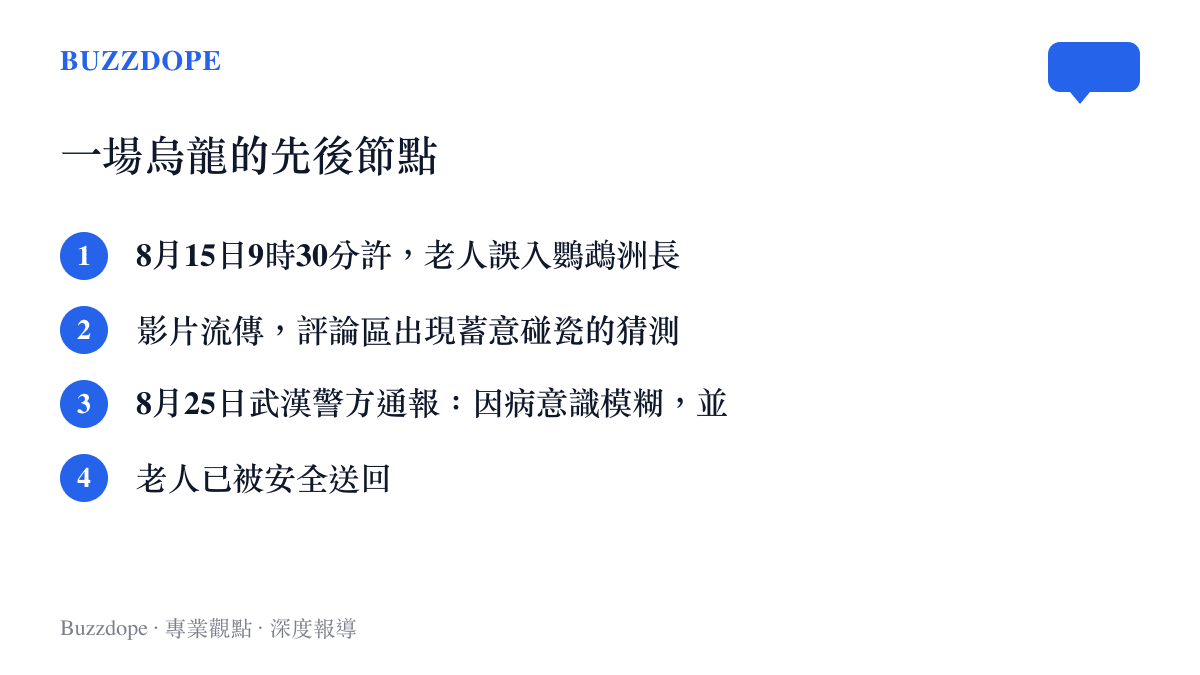 時間軸列出武漢輪椅老人事件的先後節點：8月15日上午誤入高架逆行，影片流傳後評論區出現碰瓷猜測，8月25日警方通報認定並非蓄意，老人已安全送回