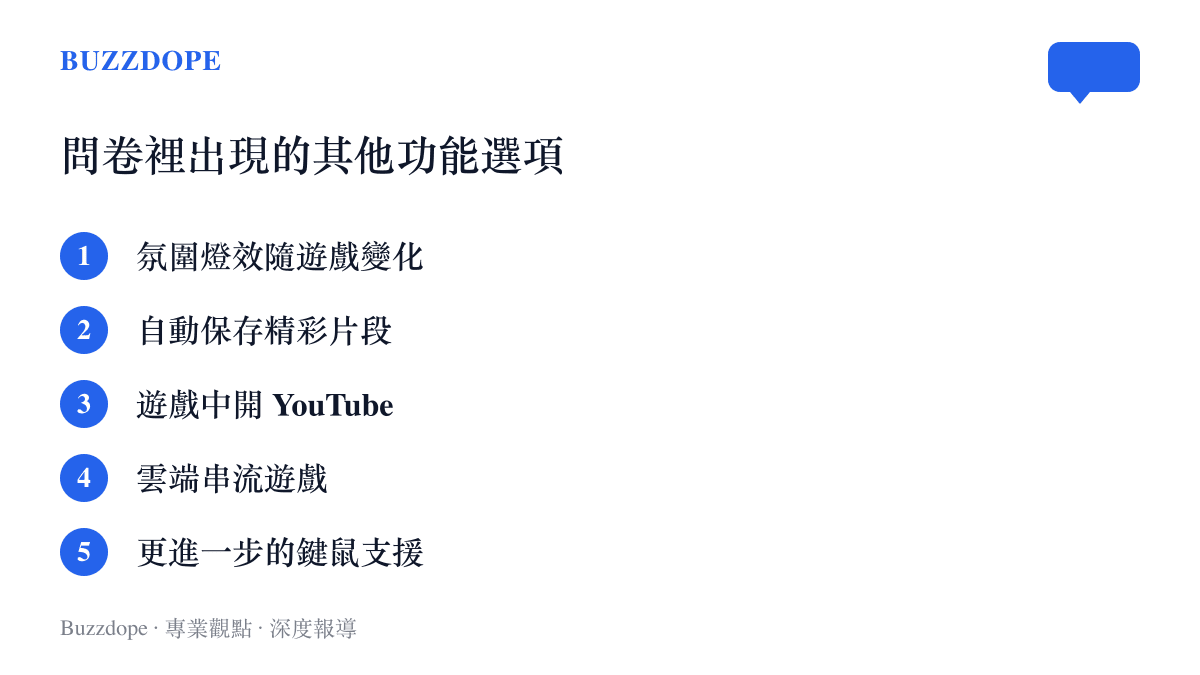 微軟 Project Helix 問卷中五項功能調查項目：氛圍燈效、自動儲存精彩片段、遊戲中觀看 YouTube、雲端串流遊戲與鍵鼠支援