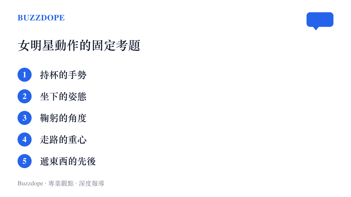 清單圖卡列舉網友批改女明星身體語言時反覆檢查的五個細節，從持杯手勢、坐姿、鞠躬角度到走路重心與遞東西的先後順序