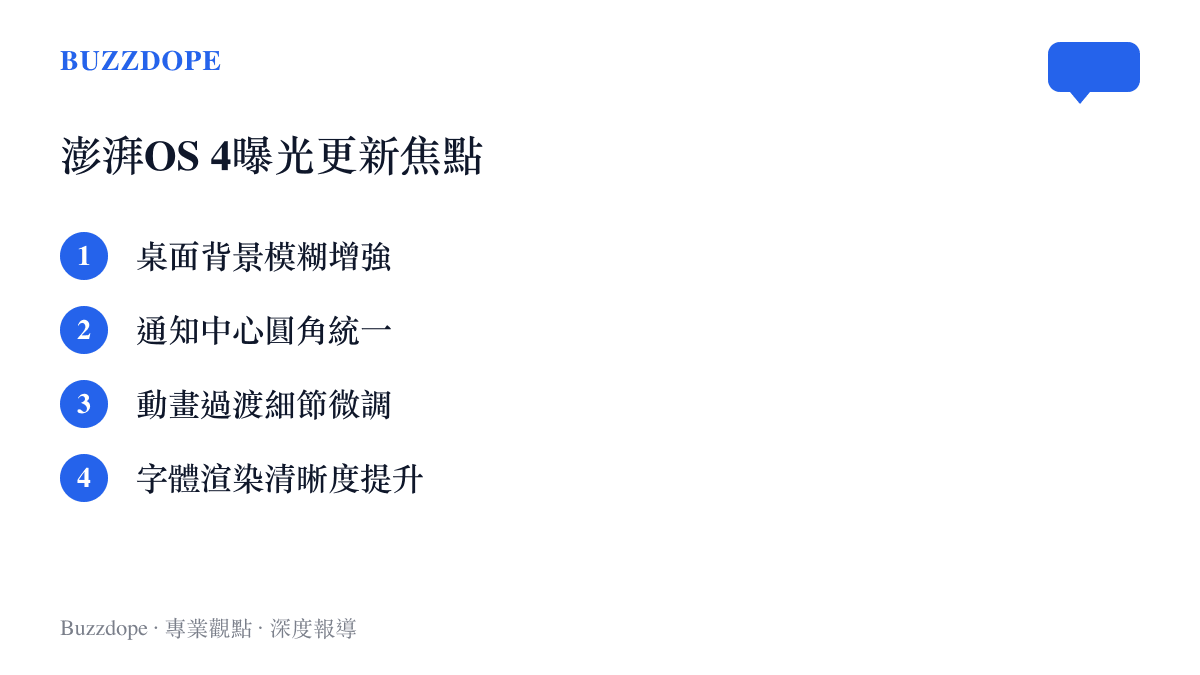 圖卡列舉了曝光的小米澎湃OS 4系統更新重點，包含桌面背景模糊、圓角設計與動畫微調等項目。
