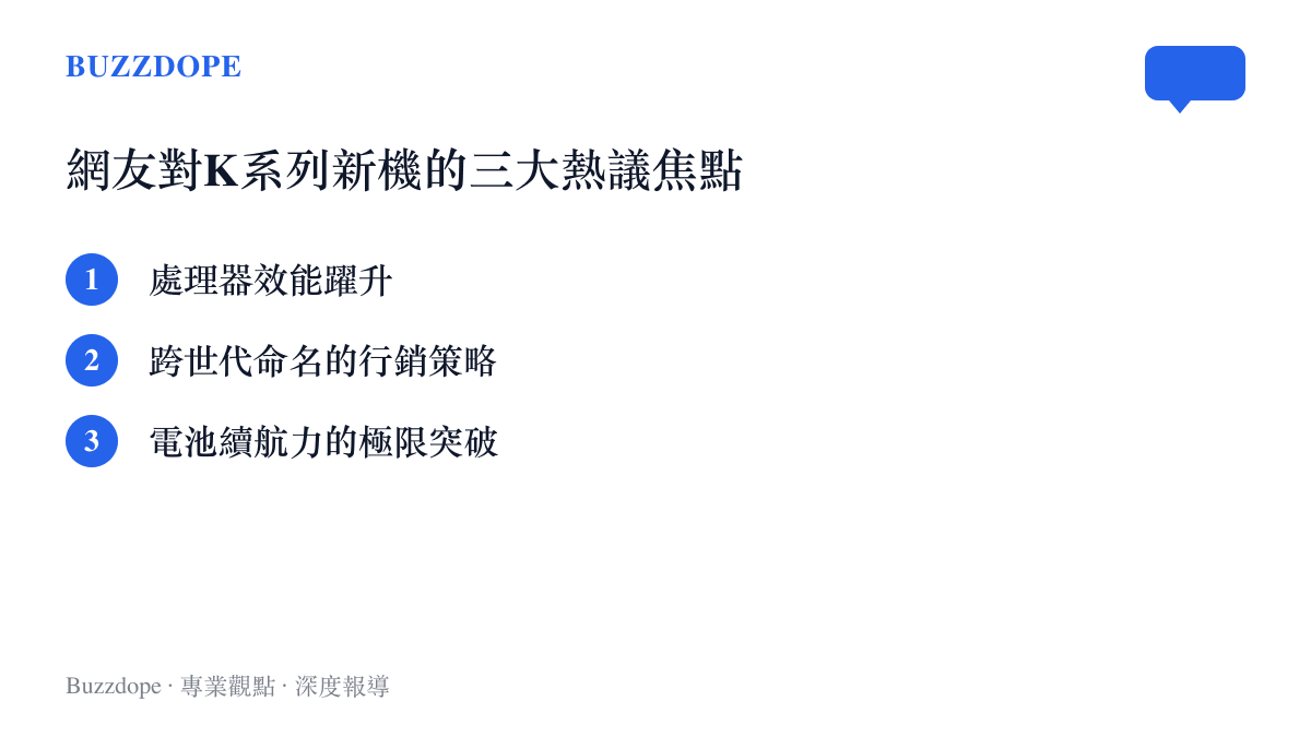 列出網友對於即將上市的小米K系列新手機最關注的三個硬體與行銷話題
