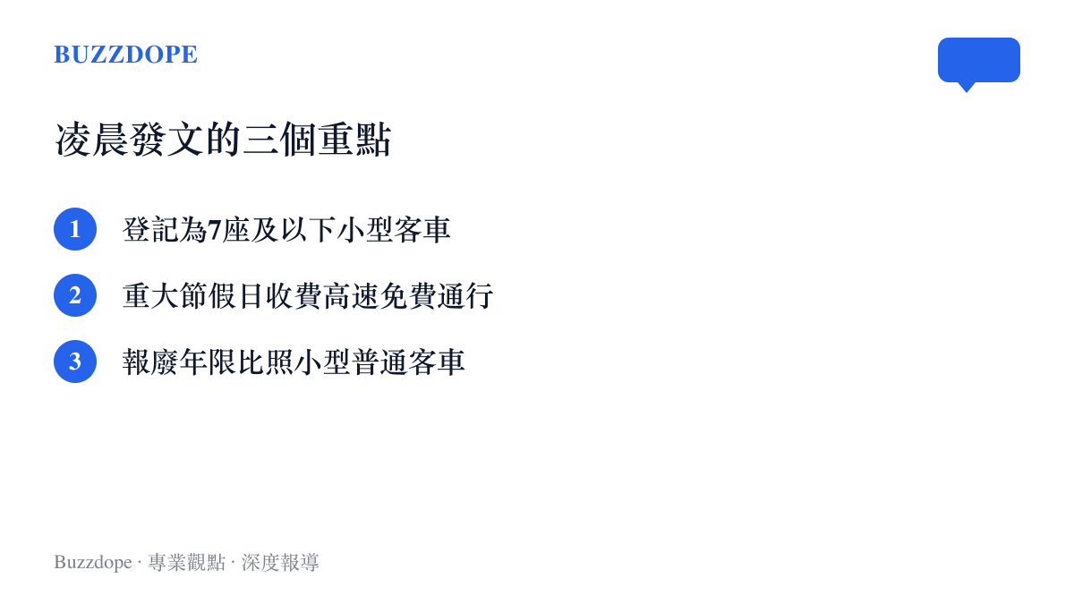 清單圖卡列出小米員工凌晨說明澎程N90 Max探索版的三項重點：登記為7座及以下小型客車、重大節假日比照現行政策免費通行收費高速公路、報廢年限與小型普通客車一致且無特殊限制