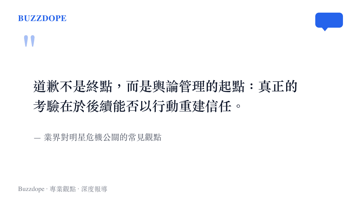 業界觀點引述圖卡，說明星道歉是輿論管理起點而非終點