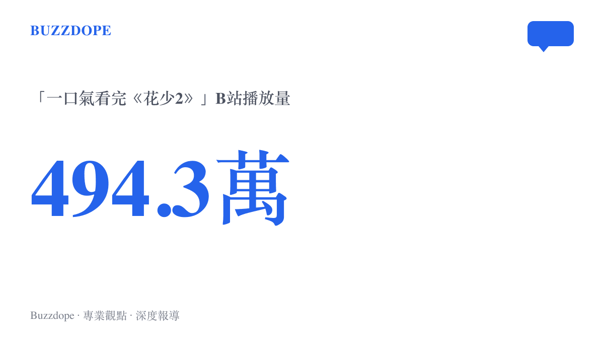 統計圖卡呈現B站「一口氣看完花少二」三小時剪輯版的播放量達494.3萬，彈幕數超過11.4萬條
