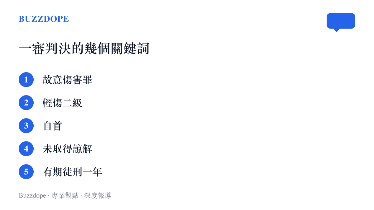圖卡列出雲南尋甸這起傷害案一審判決的五個關鍵詞：故意傷害罪、輕傷二級、自首、未取得諒解與有期徒刑一年