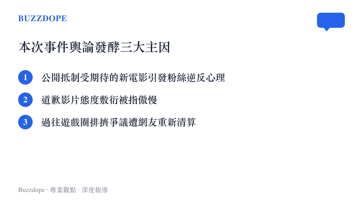 清單圖卡列出旭旭寶寶引發大規模掉粉事件的三個主要輿論擴散原因