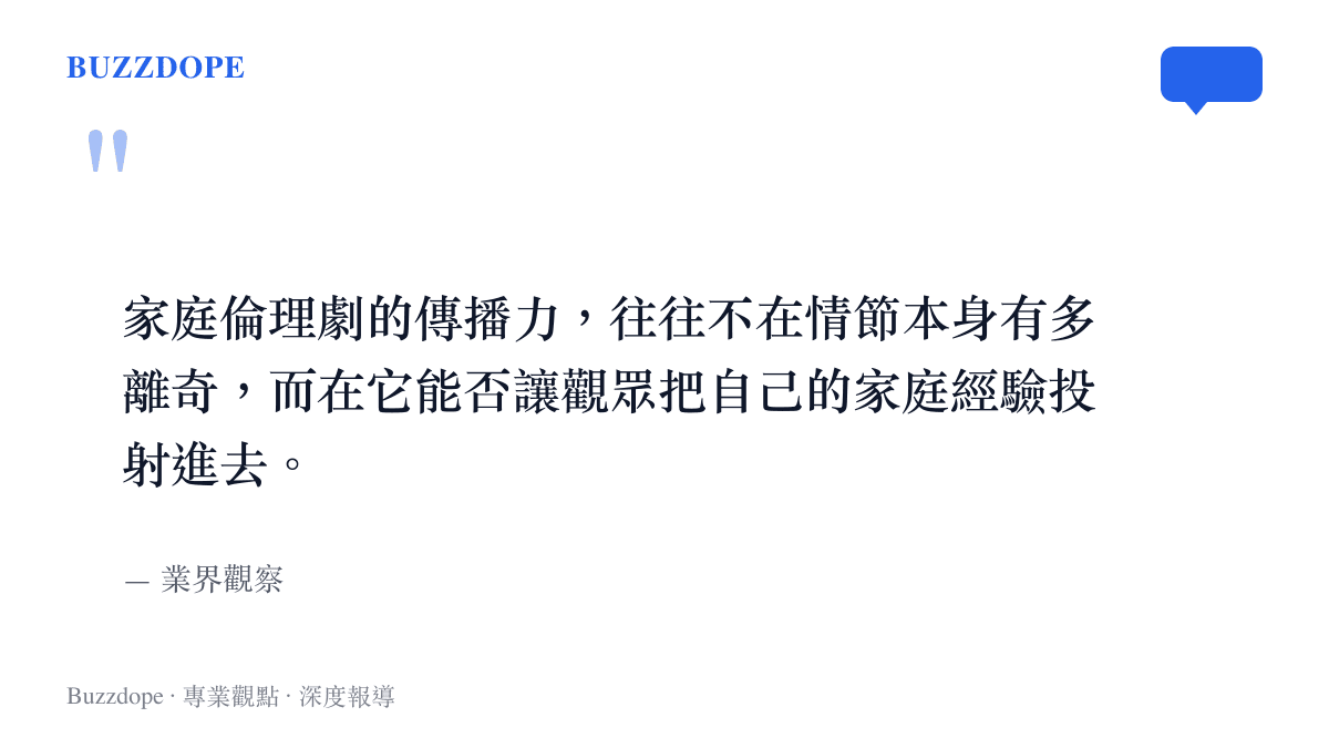 圖卡引用業界觀察指出，家庭倫理劇的傳播力來自觀眾對自身家庭經驗的投射，而非情節本身的離奇程度