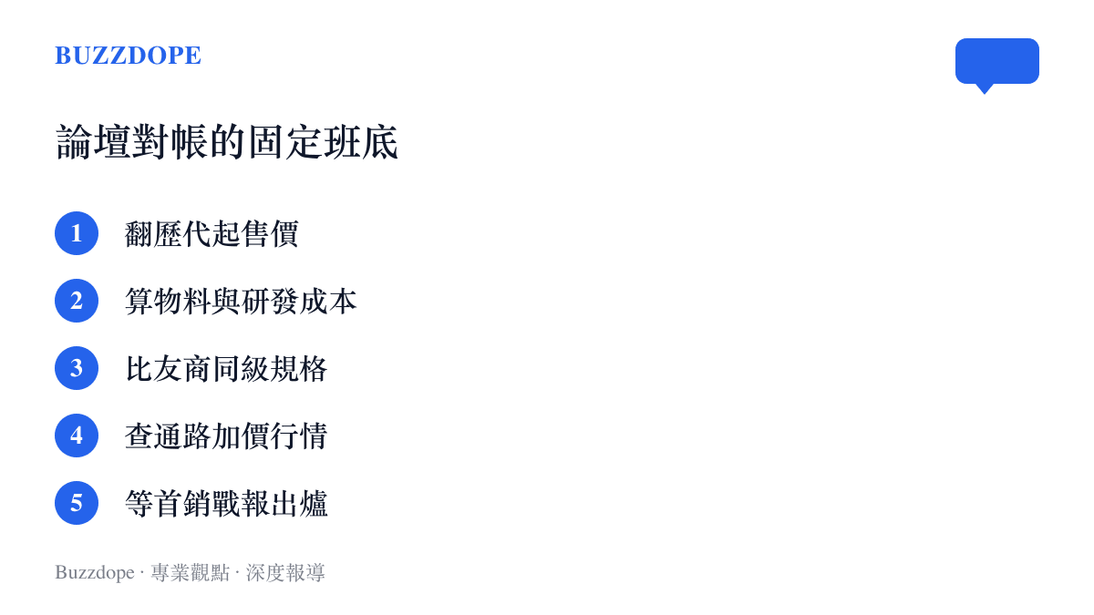清單圖卡列出數碼論壇討論手機定價時常用的五種對帳方式，包含翻歷代起售價、算物料成本與查通路加價行情