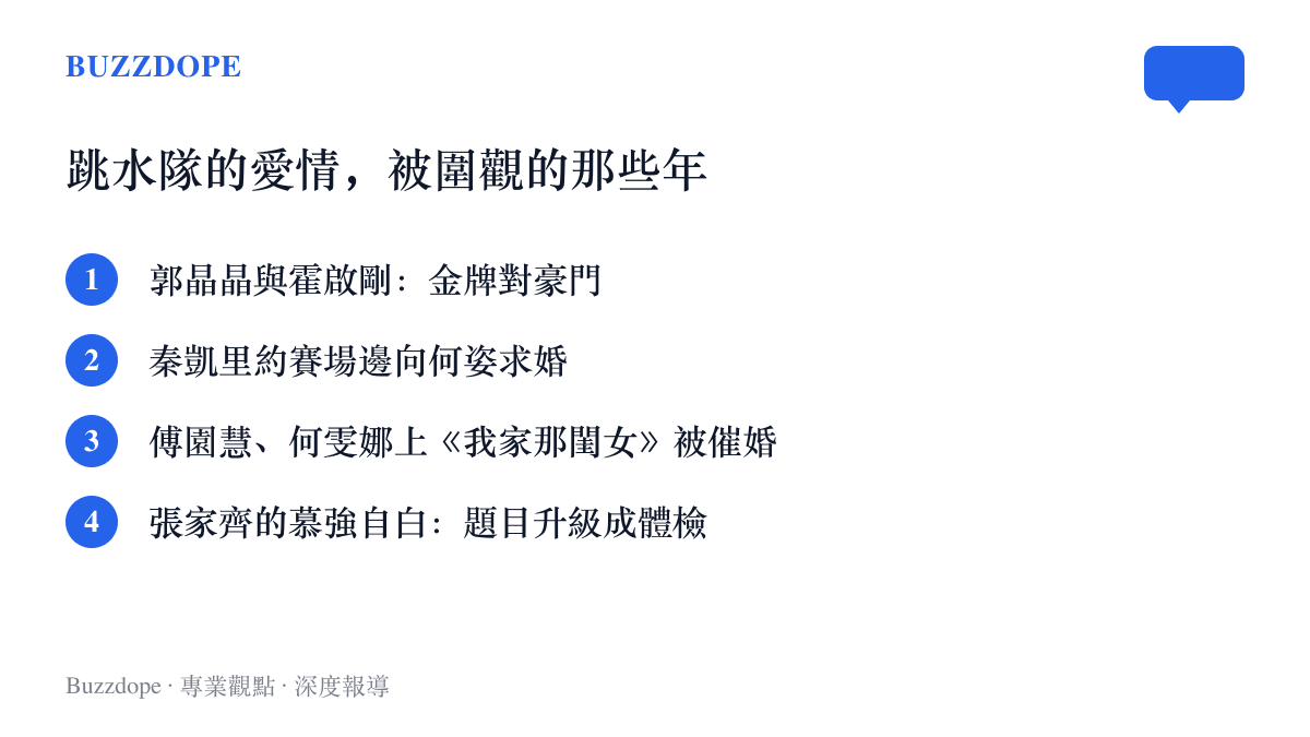 清單圖卡列舉中國跳水隊歷年受公眾關注的感情事件，從郭晶晶嫁霍啟剛、秦凱裏約求婚何姿，到傅園慧何雯娜上節目被催婚，再到張家齊近期的慕強自白