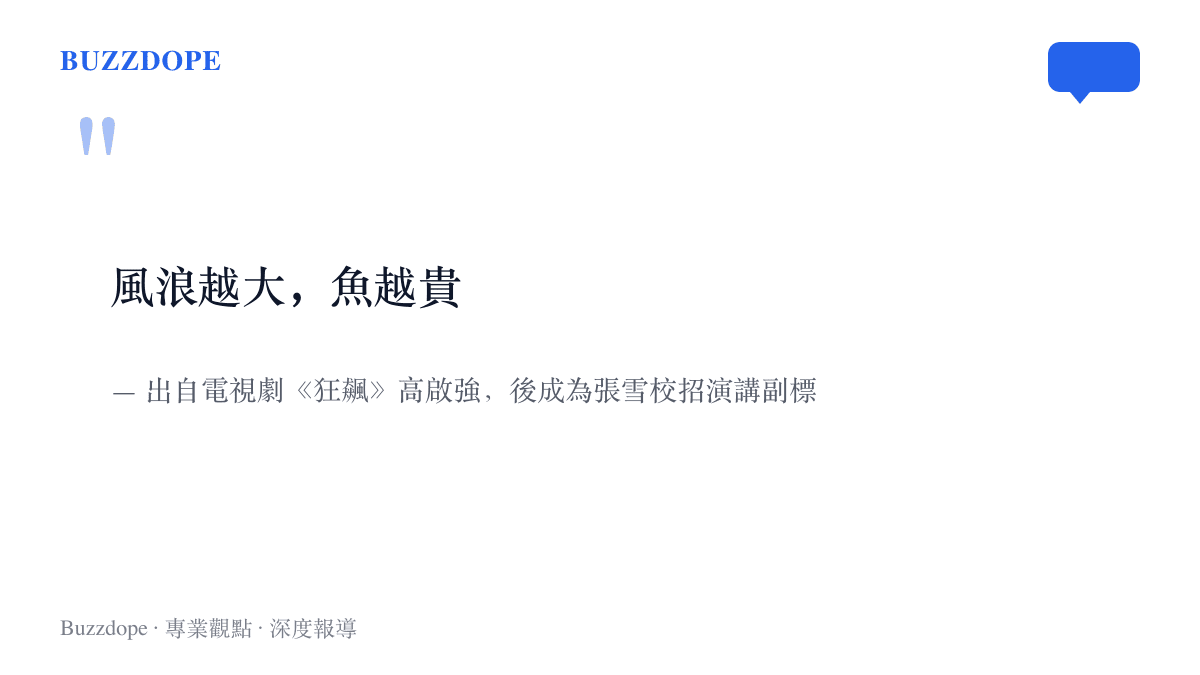 圖卡引用「風浪越大，魚越貴」一句，標註它出自電視劇《狂飆》中高啟強的臺詞，後被張雪用作校園徵才演講的副標