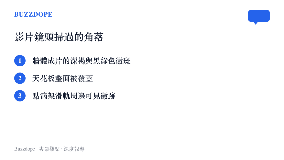 病房畫面重點：牆體成片的深褐色與黑綠色黴斑、整面被覆蓋的天花板，以及點滴架滑軌周邊的黴跡