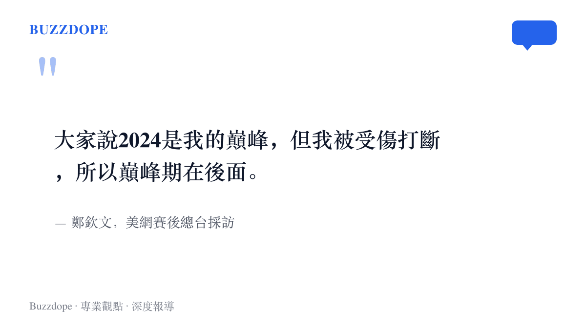 引言圖卡呈現鄭欽文在美網賽後採訪中談到2024年的巔峯被傷勢打斷，並表示自己的巔峯期還在後面
