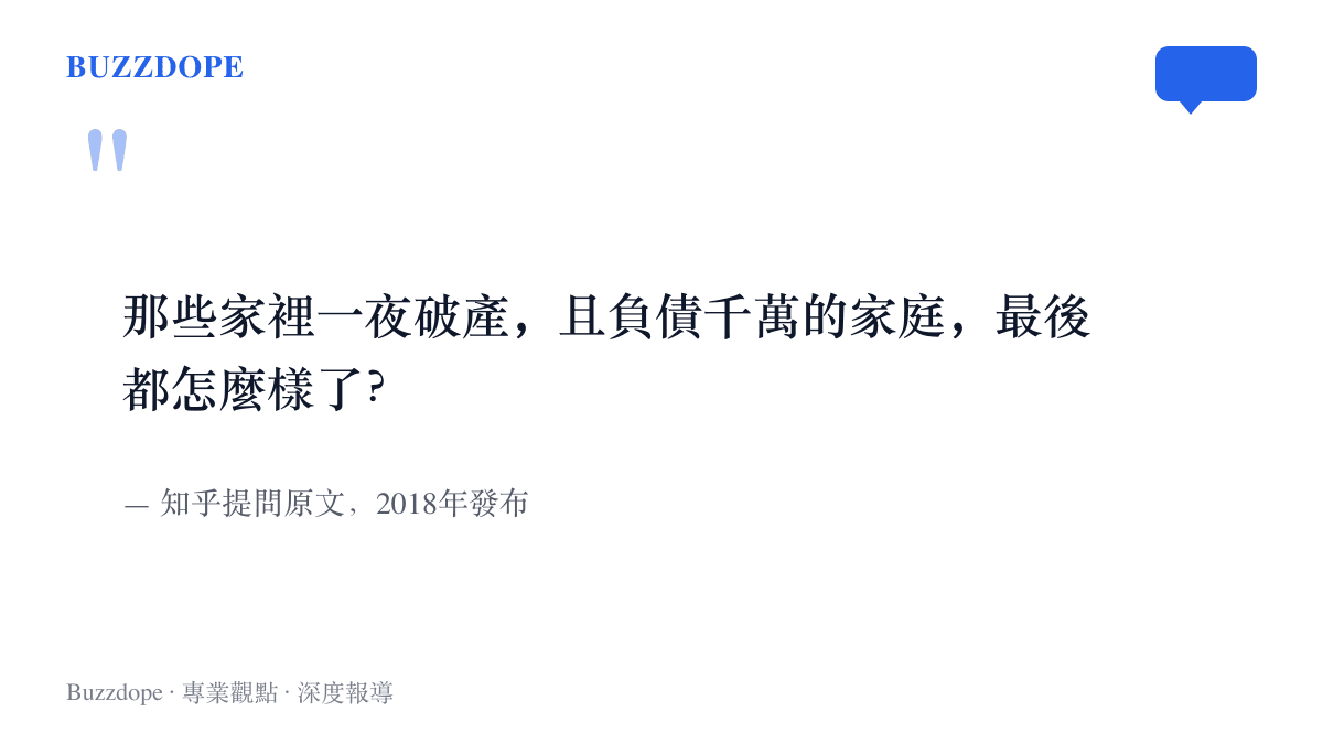 引言圖卡呈現知乎提問原文，問題詢問一夜破產且負債千萬的家庭後來的結局