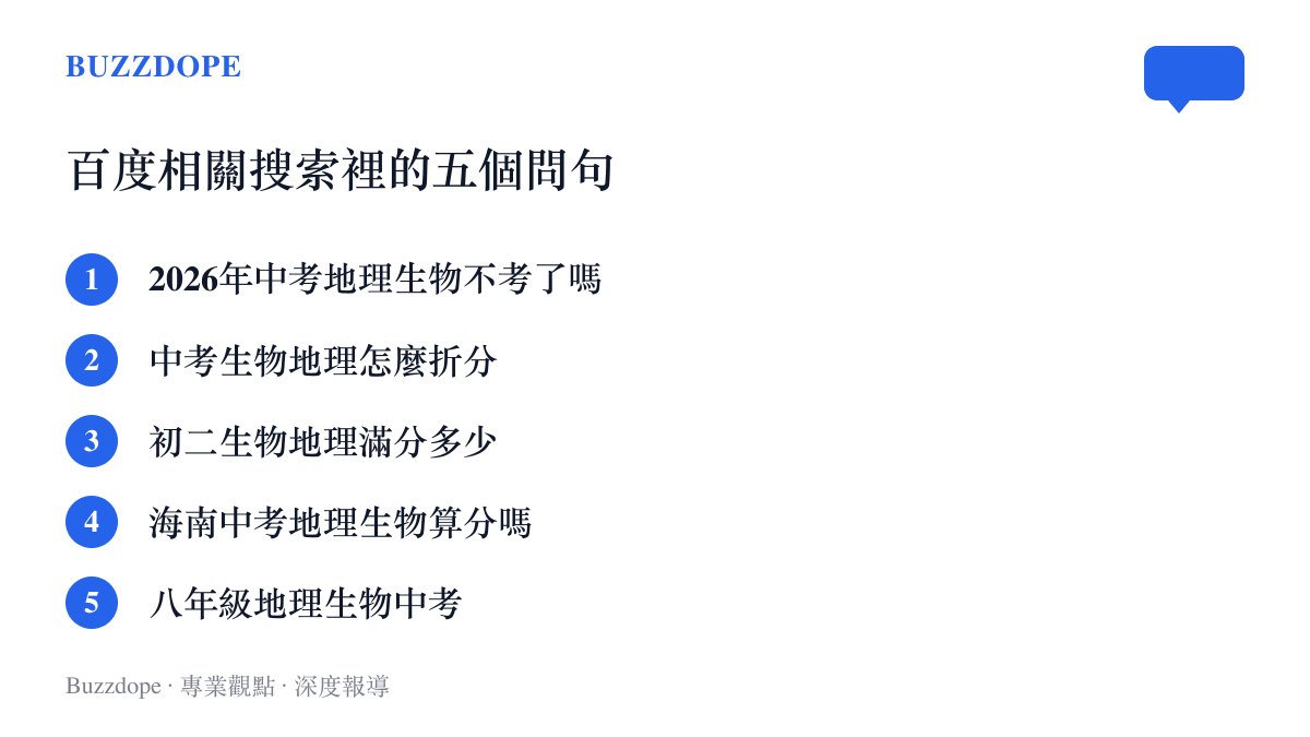 百度相關搜尋列出五個家長問句，涵蓋2026年中考地理生物是否停考、生物地理如何折分，以及海南等他省的計分方式