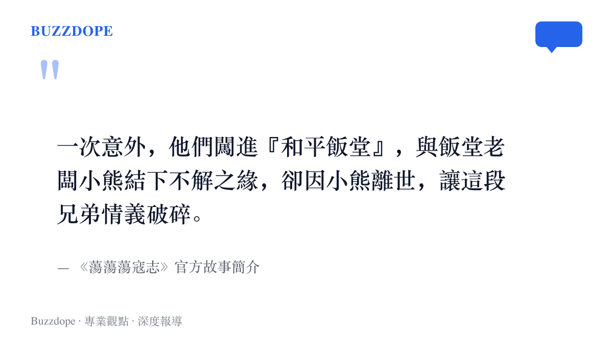《蕩蕩蕩寇志》官方故事簡介的一段情節文字，寫四虎闖進和平飯堂與老闆小熊結緣、又因小熊離世而兄弟情義破碎