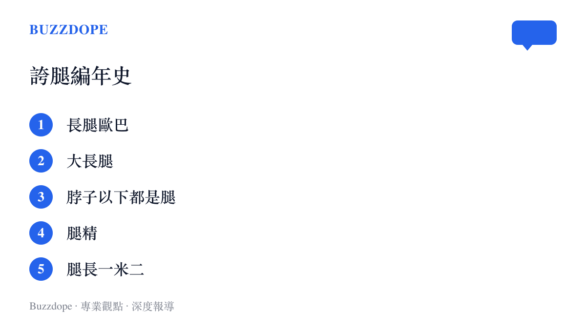 清單整理中文網路誇獎腿長的流行語演變，依序為長腿歐巴、大長腿、脖子以下都是腿、腿精與腿長一米二