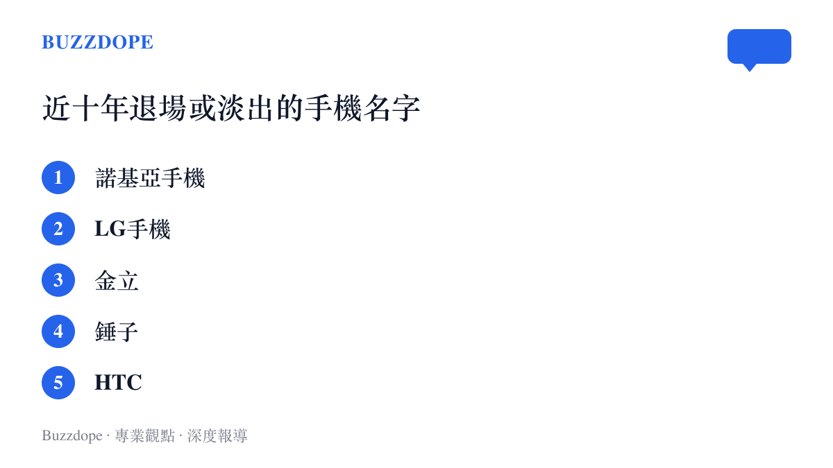 清單列出近十年退出或淡出主力市場的手機品牌，包括諾基亞、LG、金立、錘子與HTC