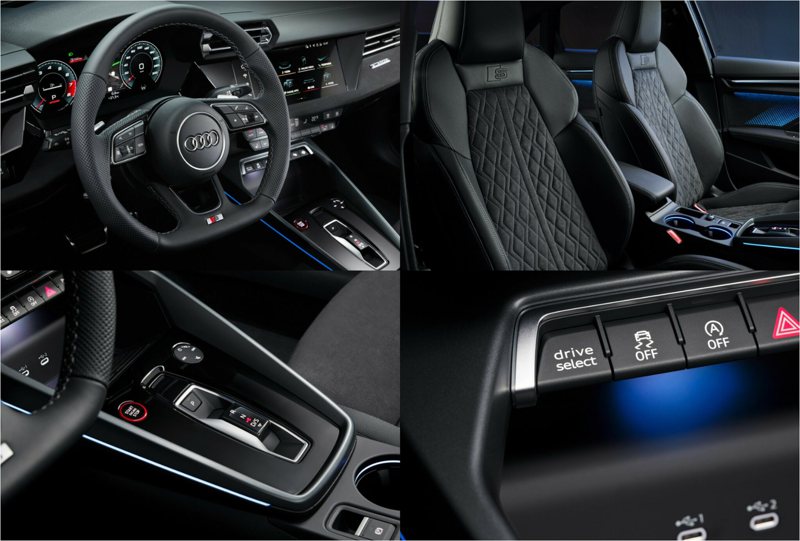 Audi S3內裝增添一些專屬部件，跑車方向盤、跑車座椅等。 圖／Audi