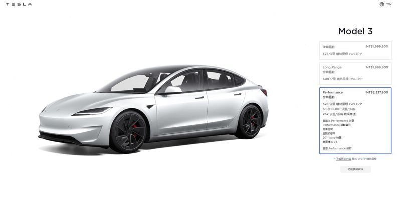 特斯拉全球首發全新性能版本Model 3 Performance，台灣售價233.79萬起。 圖／Tesla提供