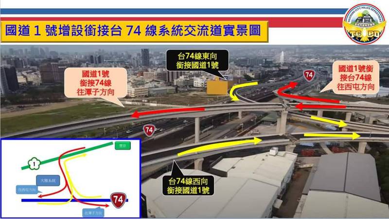 台74線快速道路銜接國道一號系統交流道工程，今天下午通車，台中市警局研擬4項方案，防止通車後的交通狀況。圖／台中市警局提供