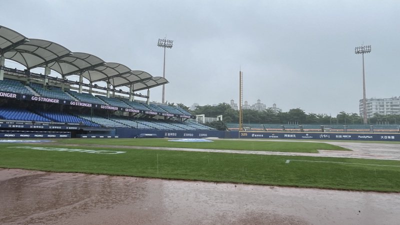 新莊棒球場下起大雨。記者蘇志畬／攝影