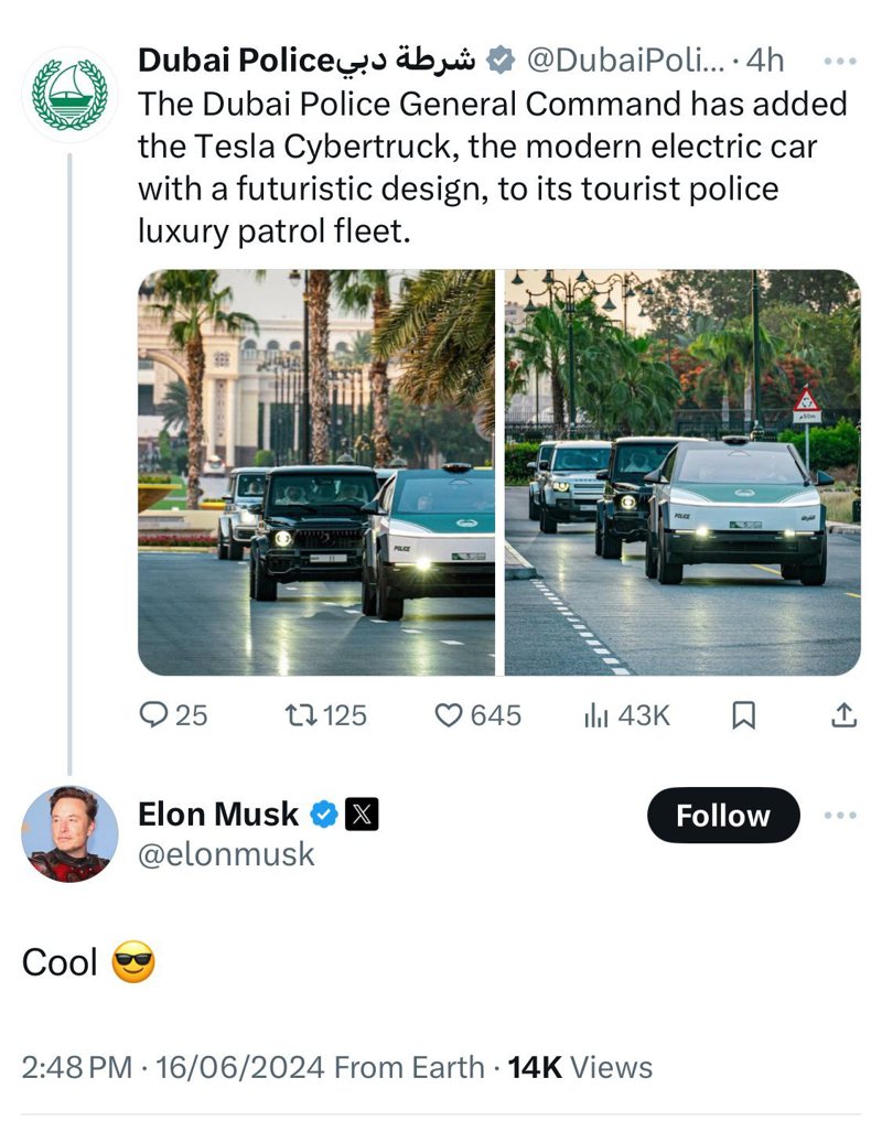 特斯拉執行長馬斯克 (Elon Musk) 也在杜拜警方在X的貼文留言說「很酷!」。 摘自Carscoops.com