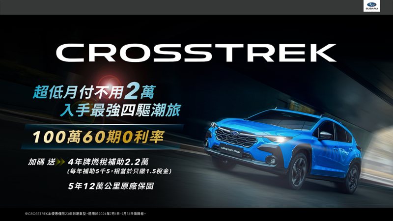 CROSSTREK入主指定車型可享超優分期100萬60期0利率，加碼再送4年牌燃稅補助2.2萬元。 圖／Subaru提供