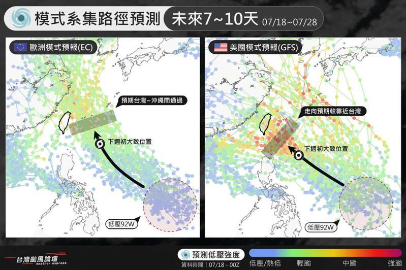 歐美模式系集路徑預測。圖／取自「台灣颱風論壇｜天氣特急」臉書粉專