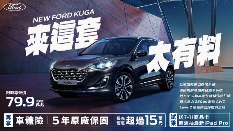 本月入主New Ford Kuga享專案價79.9萬起（含舊換新），全車系享丙式車體險，並贈五年原廠保固。 圖／福特六和提供