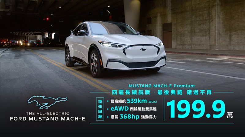 福特六和推出「The All-Electric Ford Mustang Mach-E典藏入主」購車專案，全車系皆享有專屬典藏價優惠。 圖／福特六和提供