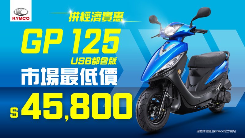 拚「經濟實惠」市場最低價，GP125 USB都會版「45,800元」。 圖／KYMCO光陽機車提供