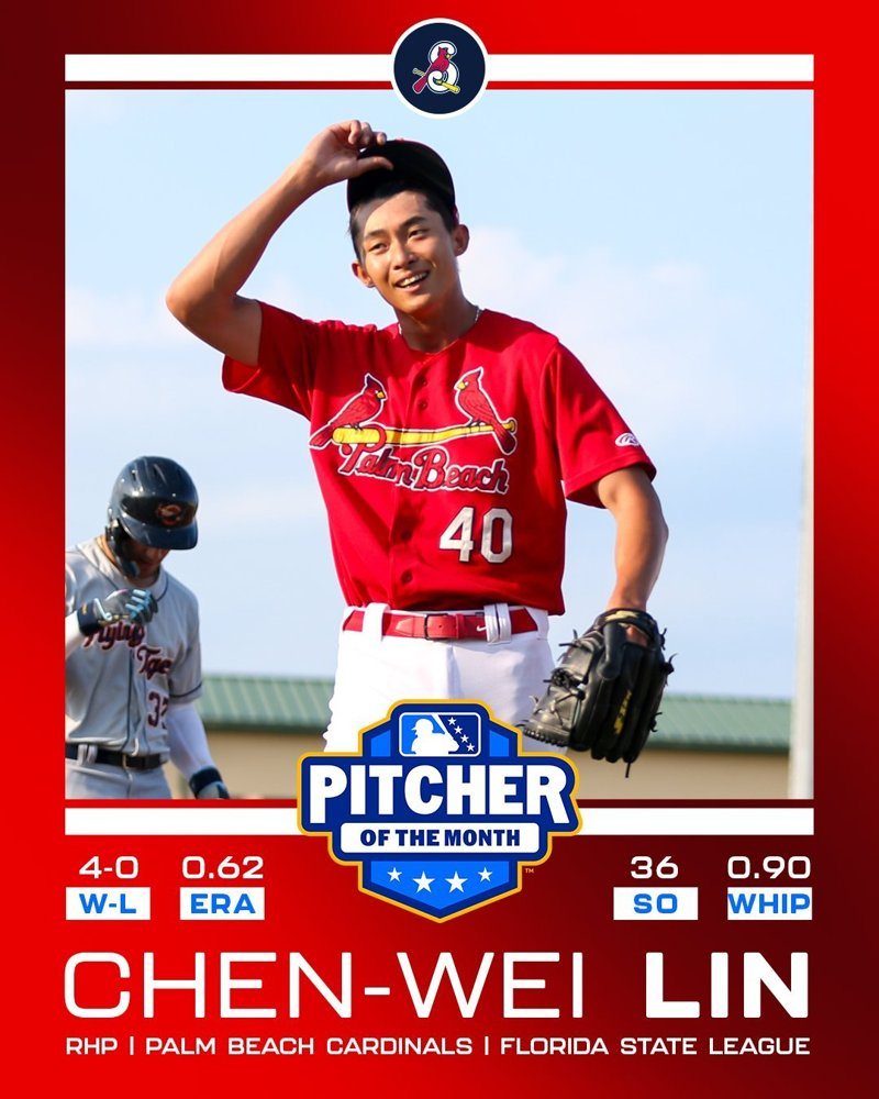 林振瑋8月繳出優異成績，獲選佛州聯盟單月最佳投手。截圖自Cardinals Player Development X