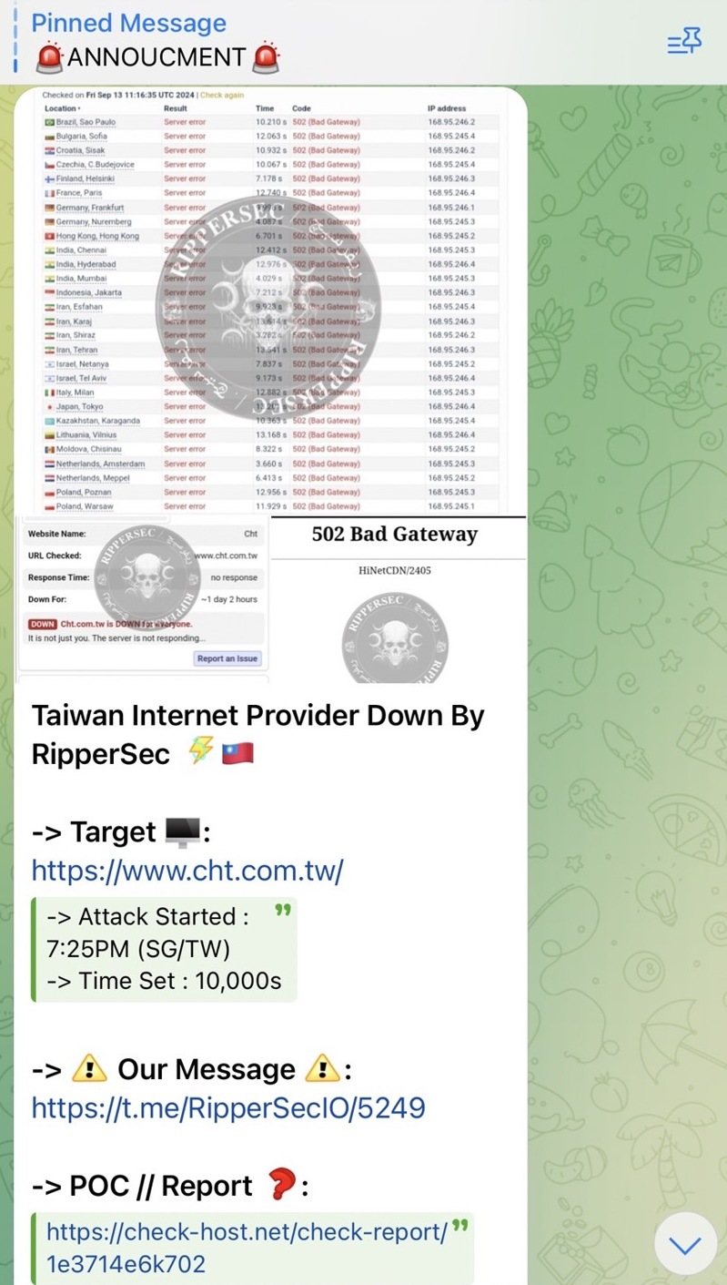 親俄駭客RipperSec今天晚間7點25分攻擊了中華電信。圖／讀者提供