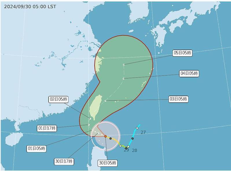 中颱山陀兒潛勢預測。 圖／中央氣象署提供