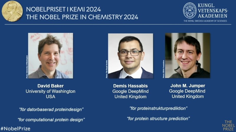 2024諾貝爾化學獎得主由美國生物化學家貝克（左起）、英國電腦科學家哈薩比斯和英國科學家瓊珀共同獲獎。（圖取自Nobel Prize YouTube頻道網頁youtube.com）