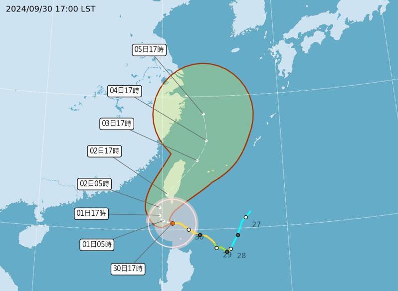 山陀兒颱風步步進逼，花蓮縣府宣布明天停班停課。圖／翻攝中央氣象署網站