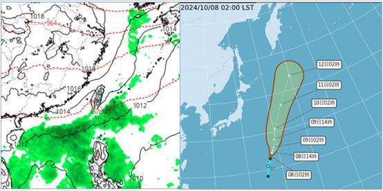 歐洲模式（ECMWF，左圖取自tropical tidbits）國慶日8時地面模擬圖顯示，東北季風轉乾，降雨區已南推至巴士海峽。中央氣象署路徑潛勢預測圖（右圖）顯示，日本東南方海面的熱帶低壓，今將發展成第19號颱風「百裏嘉」，朝北北東遠離，對台無影響。圖／取自財團法人氣象應用推廣基金會的「洩天機教室」專欄