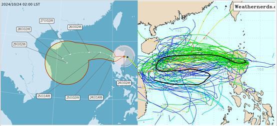 中央氣象署潛勢預測圖（左圖）顯示，潭美颱風明天凌晨2時中心已通過呂宋島、進入南海；周日至下周二在海南島東南方海面，移速減慢，不確定範圍明顯擴大。歐洲模式系集模擬圖（右圖）顯示，前5天系集平均路徑近似潛勢預測圖。5天後、各別模擬路徑則近乎「麻花狀」的分布。圖／取自「洩天機教室」專欄