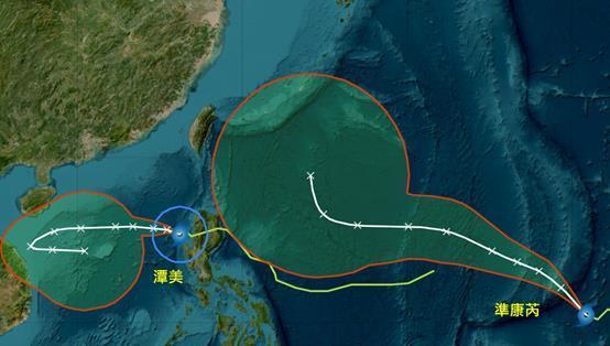 輕度颱風潭美已進入南海；周日至下周三在海南島南方海面，移速減慢、開始向東迴轉，不確定範圍明顯擴大。準康芮則向西接近，在台灣東側北轉，不確定範圍亦擴大。圖／取自「洩天機教室」專欄