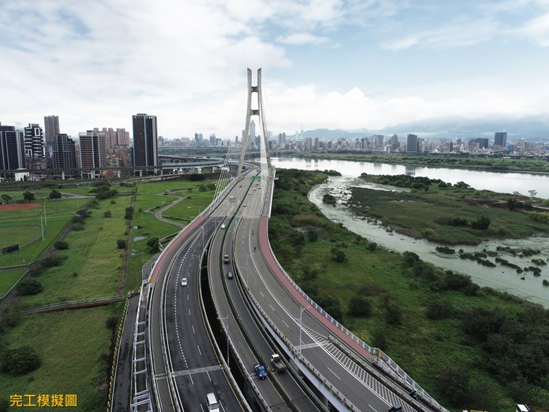 新北大橋雙向機車道改善工程將機車道加寬到2公尺，同時優化此路段機車專用道，將4個汽車道縮減為3車道，並將外側車道調整為機車道再順接原機車道。圖為完工模擬圖。圖／新北工務局提供