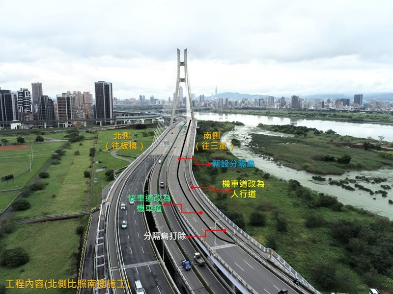 新北大橋雙向機車道改善工程為縮減汽車道將辦理路面標線調整、局部分隔島打除、新設分隔島，以及新設人行道等施工項目。圖／新北工務局提供