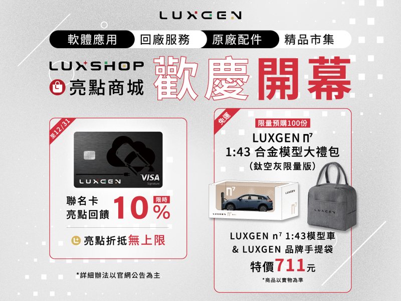 LuxShop亮點商城全新於官網開幕 會員限時享「10%亮點回饋」與「限量大禮包」。 圖／LUXGEN提供