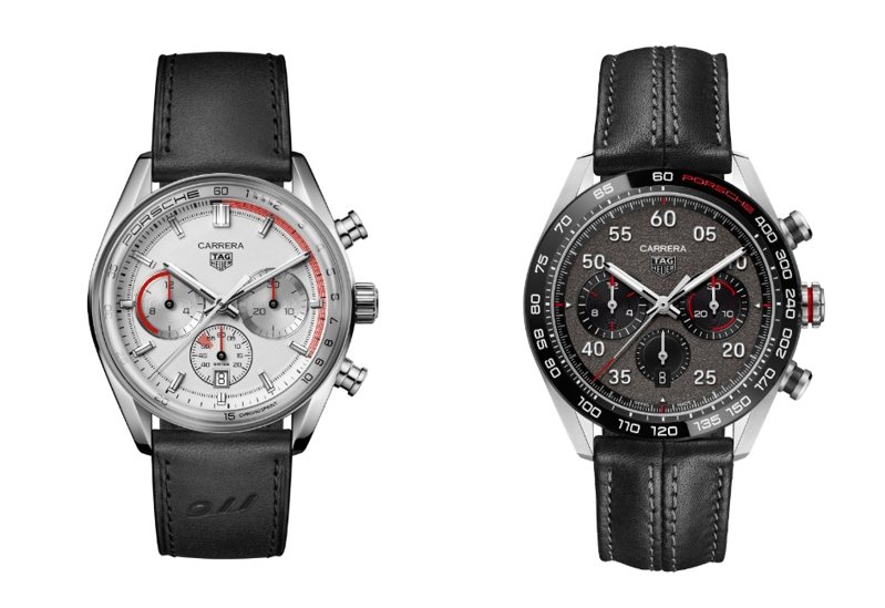 左：TAG Heuer Carrera Chronosprint x Porsche 計時腕錶精鋼款，參考編號：CBS2011.FC6529，建議售價：NT302,900
右：TAG Heuer Carrera Chronograph x Porsche 計時腕錶特別版，參考編號：CBN2A1F.FC6492，建議售價：NT223,800
 圖／TAG Heuer 泰格豪雅提供