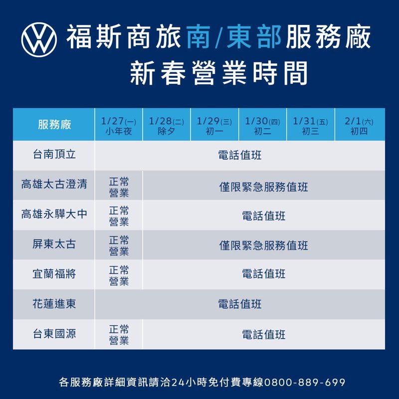 2025福斯商旅新春營業時間 (南/東部服務廠)。 圖／台灣福斯商旅提供