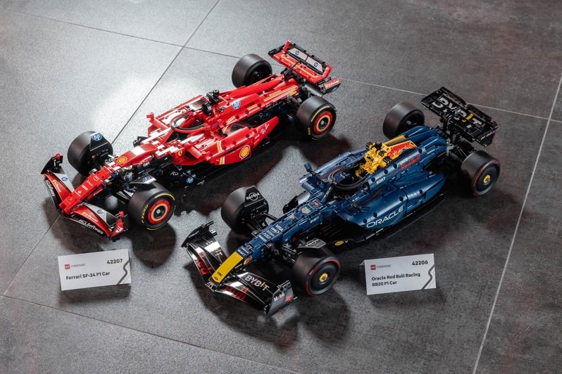 LEGO® Technic 1:8比例F1賽車模型，推出兩款2024年F1賽季最具話題性的車型——「42206 Oracle Red Bull Racing RB20」與「42207 Ferrari SF-24」。 圖／台灣樂高提供