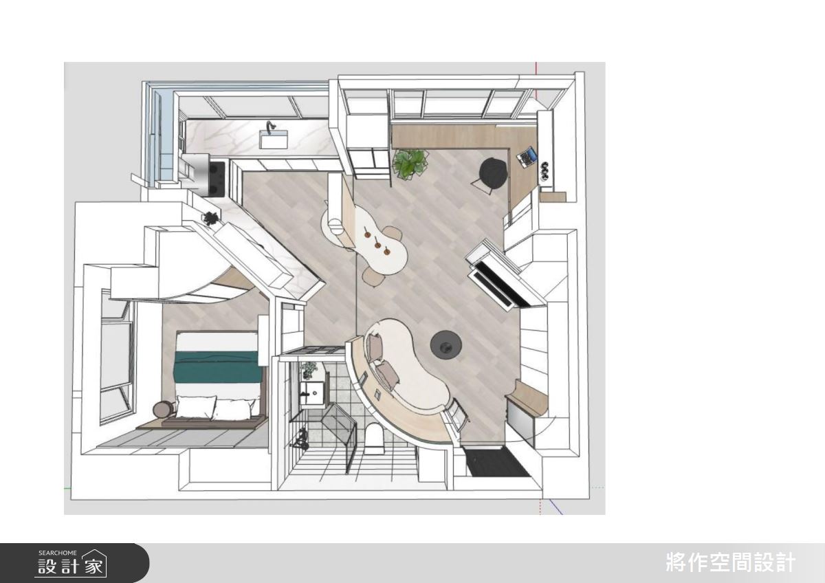 透過手繪的3D圖解析空間坪效的運用，從格局改變流暢動線、收納機能，透過設計手段取得最終放大明亮的裝修目標，不浪費任何畸零角落。