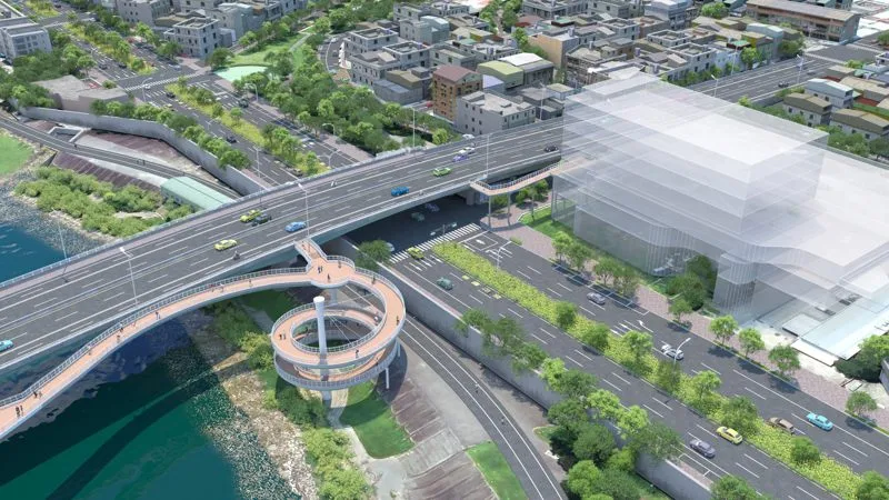 台北市新工處改建民權大橋，工程預計於115年完工，橋上觀景平台牽引道上的橋塔與鋼索，能搭配投射光源，展現橋體螺旋曲線及鋼索線條之美。圖／北市新工處提供