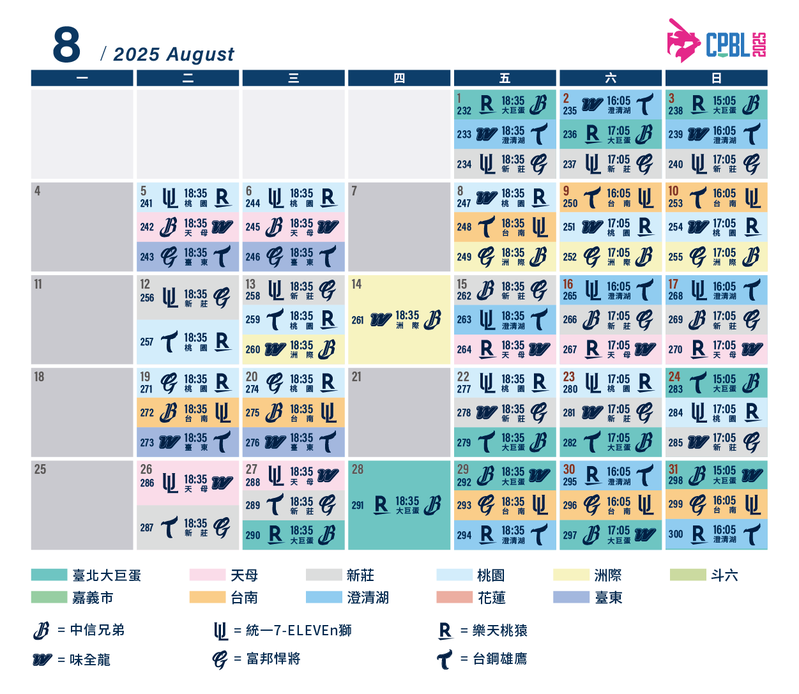 中職8月賽程表。圖／聯盟提供