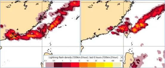 歐洲模式模擬明天8時閃電密度（前6小時）的模擬圖（左圖）顯示，有雷雨發生的機率。模擬周三2時閃電密度（前6小時）的模擬圖（右圖）顯示，仍有雷雨發生的機率。圖／取自「洩天機教室」專欄